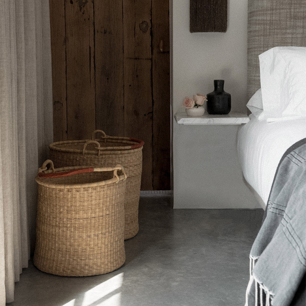 Natural Bolga Hamper Basket Set - Leather Handles