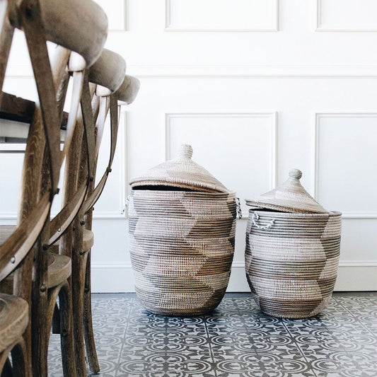 Rosa African Basket Hamper - Silver Herringbone - Medium